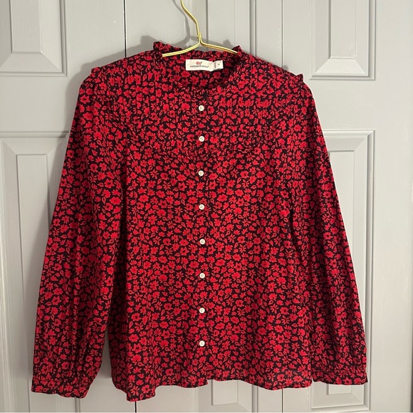 Vineyard Vines Blue & Red Floral Wildflowers Pleated Yoke Top Size 4 - Picture 2 of 11